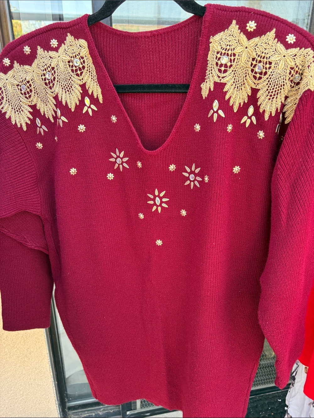 Women’s Burgundy V-Neck Sweater with Gold Lace Accents